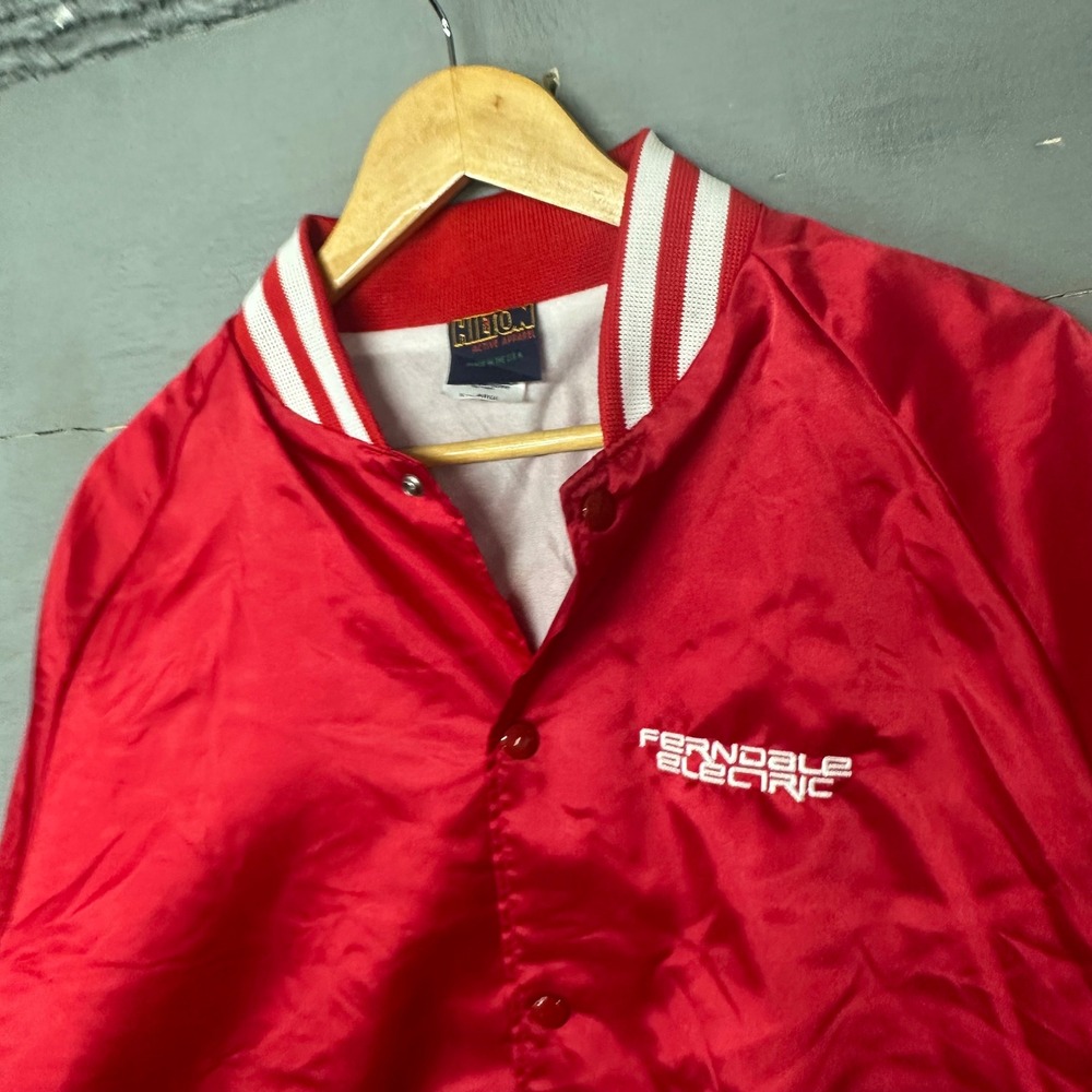 Vintage Hilton‎ Red Satin Bomber Jacket Mens XL Ferndale Electric Made in USA